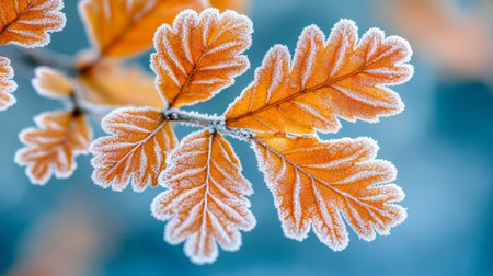 Orange Oak Leaves with Hoarfrost, Nature Macro, Frozen Autumn Foliage, Blurred Backgroundの素材