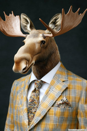 Distinguished Moose in a Yellow Suit A Humorous Anthropomorphic Portrait on Dark Backgroundの素材
