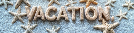 Vacation Text Spelled With Sea Stars Arranged On Textured Linen Surface, Beach Conceptの素材