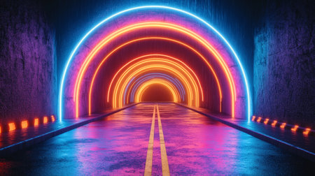 Vibrant Futuristic Tunnel, Glowing Neon Lights, Perspective View, Empty Road, Transportation Conceptの素材