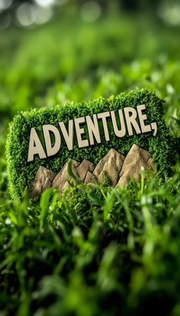 Adventure, Text On Lush Green Moss With Mountain Peaks, Studio Shot On Green Backgroundの素材