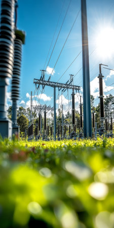 Electrical Substation Under Blue Sky Power Lines, Transformers, and Green Grass on a Sunny Dayの素材