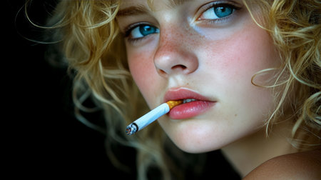 Close Up Portrait of a Young Woman with Blue Eyes and Freckles Smoking Against Black Backgroundの素材