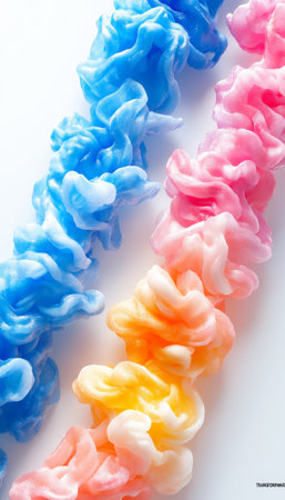 Abstract Liquid Art Swirling Streams of Pink, Orange, and Blue Pigments on White Backgroundの素材