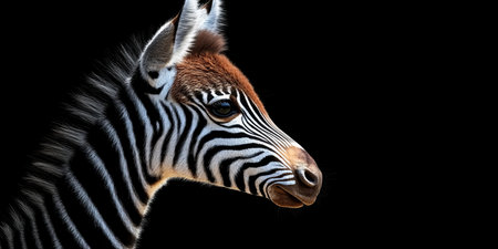 Striking Zebra Portrait Young Zebra s Profile Isolated on Black, Showcasing Wildlife Beautyの素材