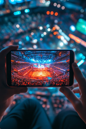 Streaming Live Concert on Smartphone, Dark Venue, Blurred Lights, Vibrant Stage, Energyの素材