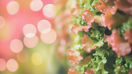 Vibrant Green Lettuce Growing Under Pink LED Grow Lights in Vertical Farm, Close Up Viewの素材
