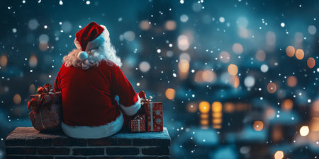 Santa Claus With Sack of Gifts on Chimney, City Lights Bokeh Background, Snowing Nightの素材