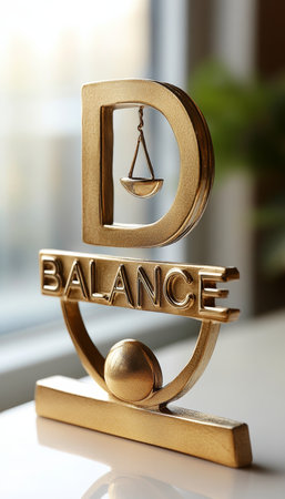 Gold Balance Sculpture With Scales And Sphere On White Surface With Blurred Green In Background.の素材