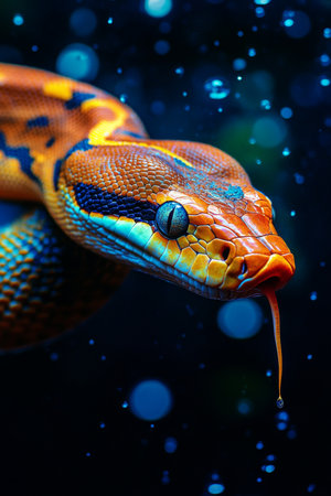 Vibrant, Colorful Snake Close-Up. Exotic Reptile Portrait on a Dark Background with Bokeh Effect.の素材