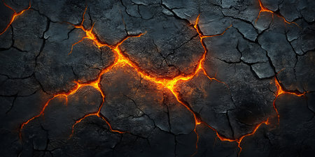 Cracked Earth, Molten Lava Abstract Photo of Intense Heat, Glowing Fissures, and Dramatic Lightingの素材