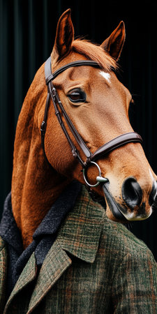A brown horse with gentle eyes in a tweed suit. Unusual portrait with animal and human traits blend.の素材