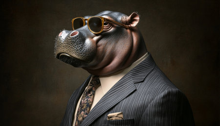 Sophisticated Hippopotamus in Suit, A Study in Anthropomorphism Against a Dark Backgroundの素材