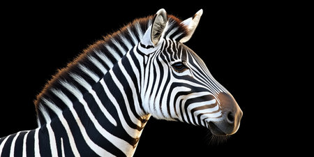 Striking Portrait Of A Zebra Isolated On Solid Black, Evoking Mystery And Animal Beauty.の素材