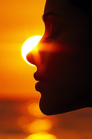 Golden Hour Serenity Silhouette of Woman, Vivid Sunset, Reflective Water, Tranquility Conceptの素材