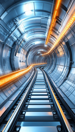 Futuristic Tunnel, Glowing Blue and Orange Neon Lights. Perspective View. Transportation Concept.の素材