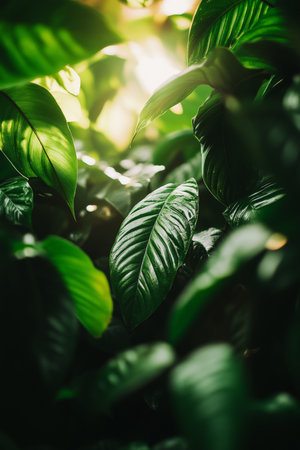 Sunlight Filtering, Rainforest Canopy, Closeup, Deep Green Foliage, Vibrant Ecosystemの素材