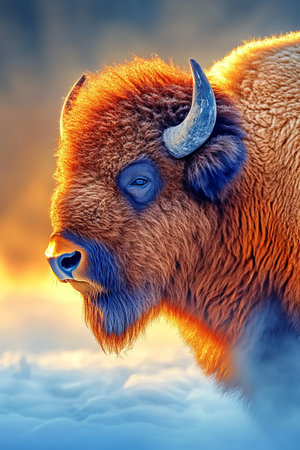 Majestic American Bison Portrait Against a Dramatic Sunset Sky, Powerful Wildlife Symbol Artの素材