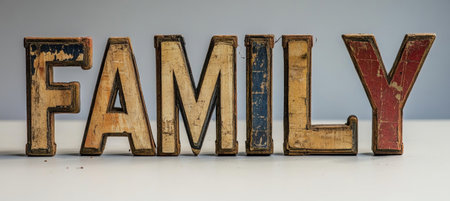 Rustic Wooden Letters Spelling FAMILY With Vintage Texture On White Backdrop Of Faded Signの素材