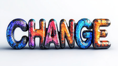 Vibrant 3D letters spelling CHANGE with colorful cracked textures isolated on a white background.の素材