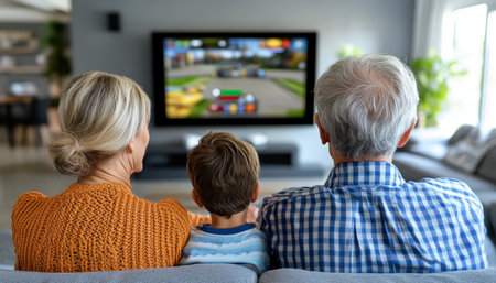 Family Fun Grandparents, Parents, and Children Enjoying Video Games Together at Homeの素材