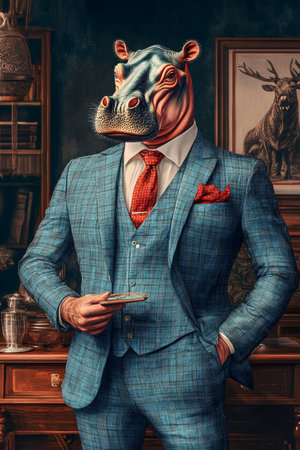 Sophisticated Hippopotamus in Blue Suit, Anthropomorphic Portrait against Dark Woodland backgroundの素材