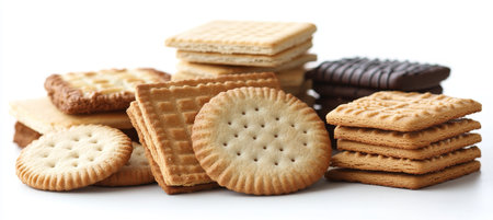 Assortment of Delicious Sweet Biscuits, Cookies, and Chocolate Treats on a White Backgroundの素材