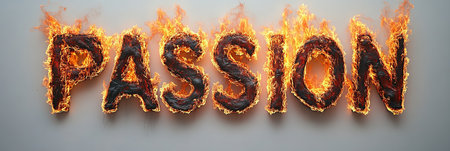Burning Passion Concept Fiery Letters Spell Out the Word Passion Against a White Backdrop.の素材