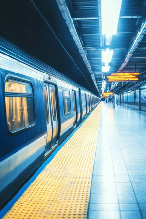 Empty Subway Platform with Modern Train, Illuminated by Overhead Lights, Minimalist Urban Transportの素材
