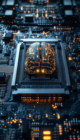 AI Chip on Futuristic Motherboard Artificial Intelligence and Innovation Concept, Shallow DOFの素材