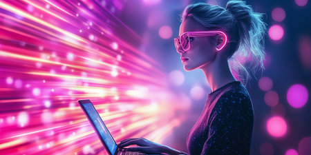 Woman In Cyberpunk Style Using Laptop, Bright Colored Neon Lights In Dark Futuristic Room Backgroundの素材