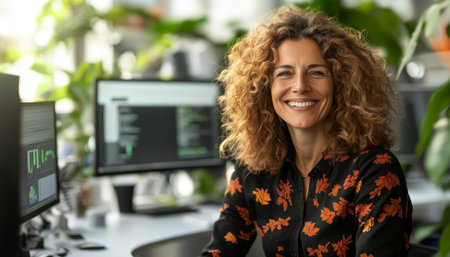 Smiling Confident Woman Working from Home Office with Source Code Displayed on Computer Monitorの素材