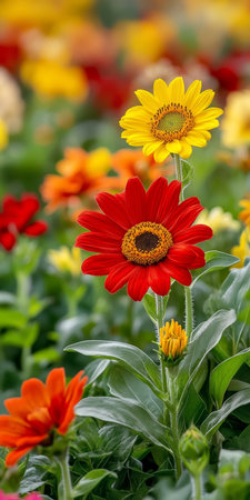 Vibrant Summer Garden Red Zinnia Bloom, Yellow Sunflowers, and Colorful Petunias in Full Bloomの素材