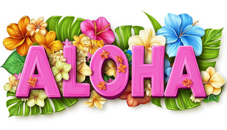 Vibrant quot ALOHA quot Floral Arrangement, Tropical Bloom Letters, Isolated, White Backgroundの素材