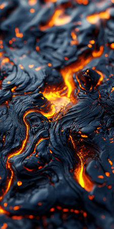 Molten Lava Flow, Fiery Orange Rivers Coursing Through Cracks of Black Volcanic Rock Close Upの素材