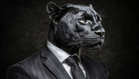 Dark Portrait Of A Panther In A Suit, Blending Animal And Human Traits On A Charcoal Backgroundの素材
