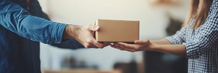 Delivery Man Handing a Cardboard Package to a Happy Male Customer, E-commerce Conceptの素材