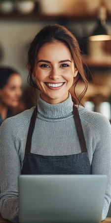 Happy Female Business Owner, Using Laptop in Cafe, Bokeh Lights, Small Business Successの素材