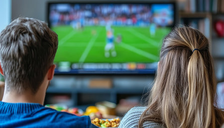 Couple Enjoying Sports Streaming at Home Cozy Living Room, Snacks, and Excitement, Back Viewの素材
