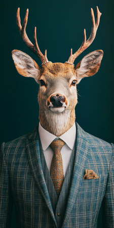 A Striking Portrait of an Anthropomorphic Deer, Donning a Dapper Suit Against a Dark Green Backdropの素材