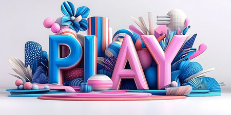 Vibrant PLAY Lettering With Fun Elements and Bold Complementary Colors On Minimal Backgroundの素材