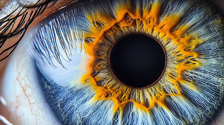 Close-up of a Human Eye Detailing the Intricate Textures and Vibrant Hues of the Irisの素材