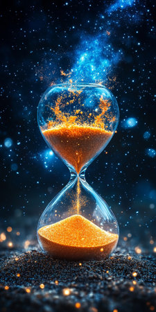 Hourglass With Orange Sand Against Dark Night Sky With Twinkling Stars. Concept Of Timeの素材