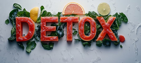 DETOX Word Made from Grapefruit Slices with Lemon and Watercress, Promoting a Healthy Lifestyleの素材