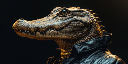 Anthropomorphic Crocodile in Leather Jacket, Portrait on Dark Background. Art Photographyの素材