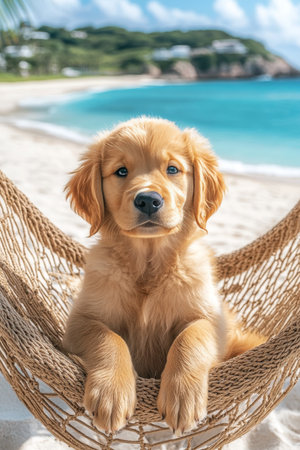 Golden Retriever Puppy Enjoying Relaxation in Hammock on Tropical Beach Paradise, Summer Vacationの素材