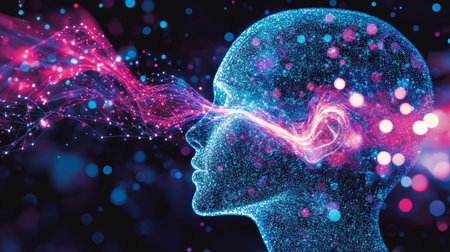 Sound Waves Emanating From A Human Head Silhouette, Vibrant Blue And Pink Colors, Dark Backgroundの素材