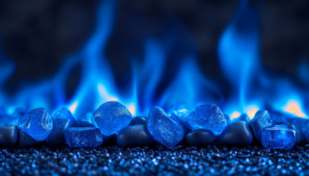 Flames of Blue Fire Dance Over Dark Rocks, Providing Copy Space on a Black Backgroundの素材