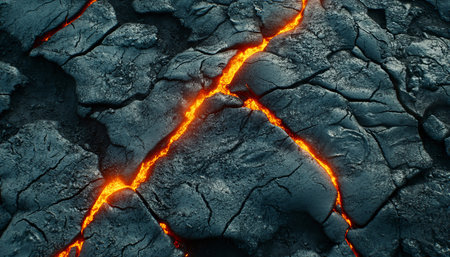 Molten Core Earth s Fiery Veins, a Stunning Macro Image of Lava Flowing Through Cracked Earthの素材