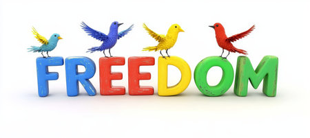 Colorful Freedom Text With Four Flying Birds Representing Liberty And Independence, 3D Renderingの素材